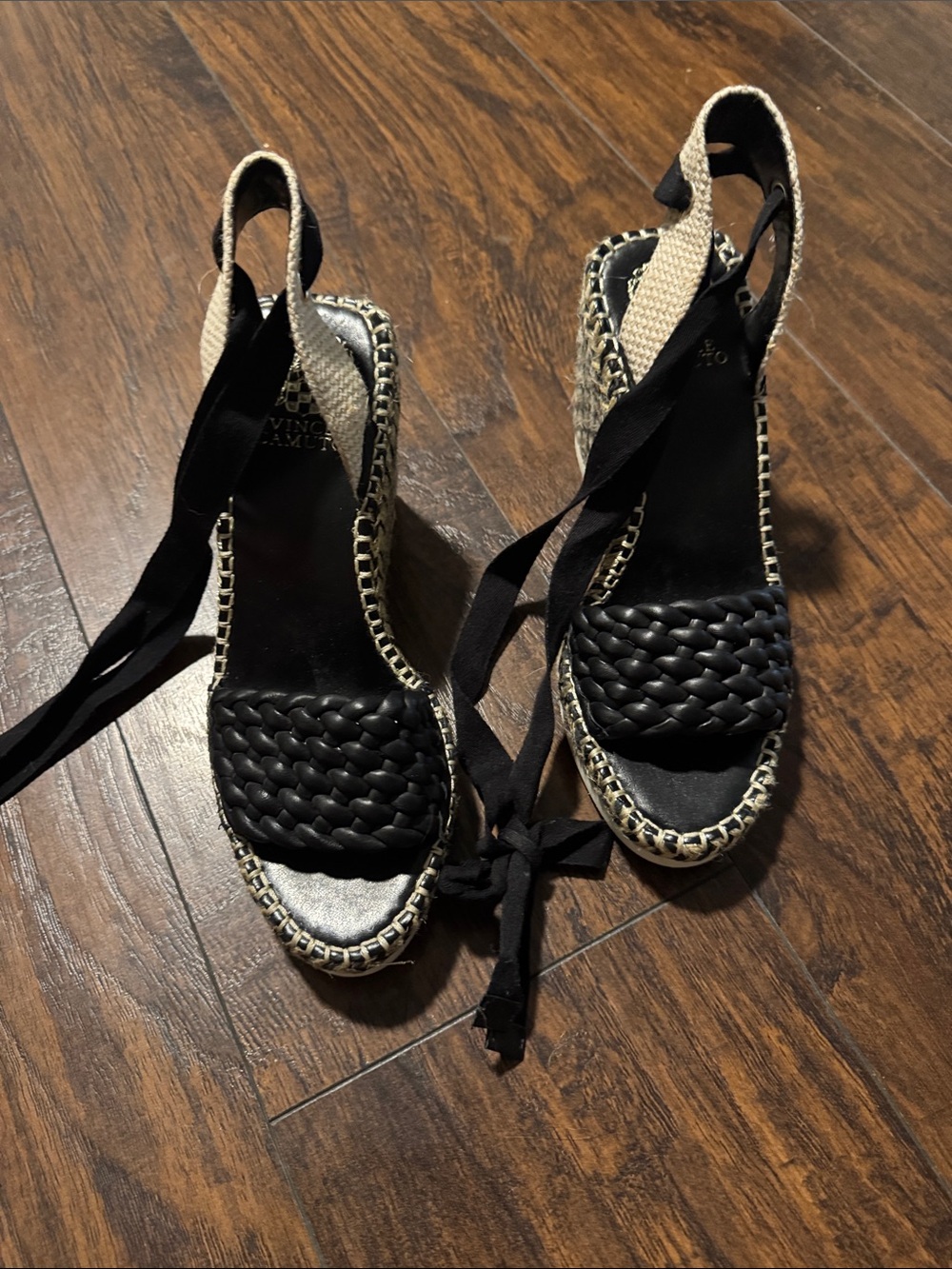 Vince Camuto Black Braided Espadrille Wedge Sandals with Ankle Wrap